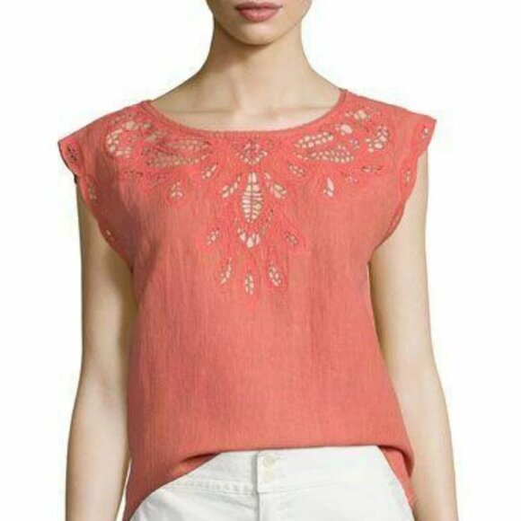 Joie Eyelet Cotton Linen Top Womens Small Coral Short Sleeve Lace Kinski Summer - Picture 9 of 10